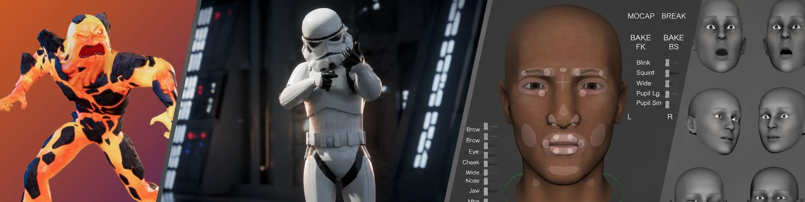 Character work collage — lava character, armored character and facial animation systems