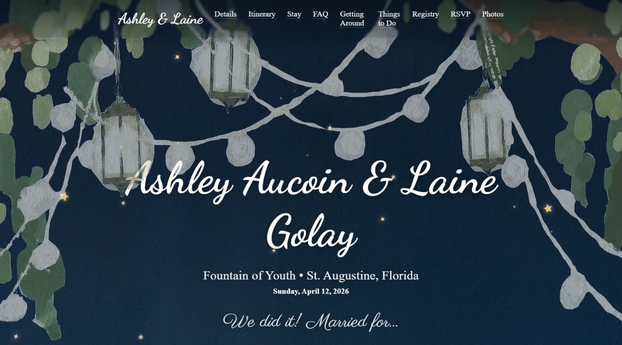 Ashley and Laine wedding website with a moonlit garden introduction