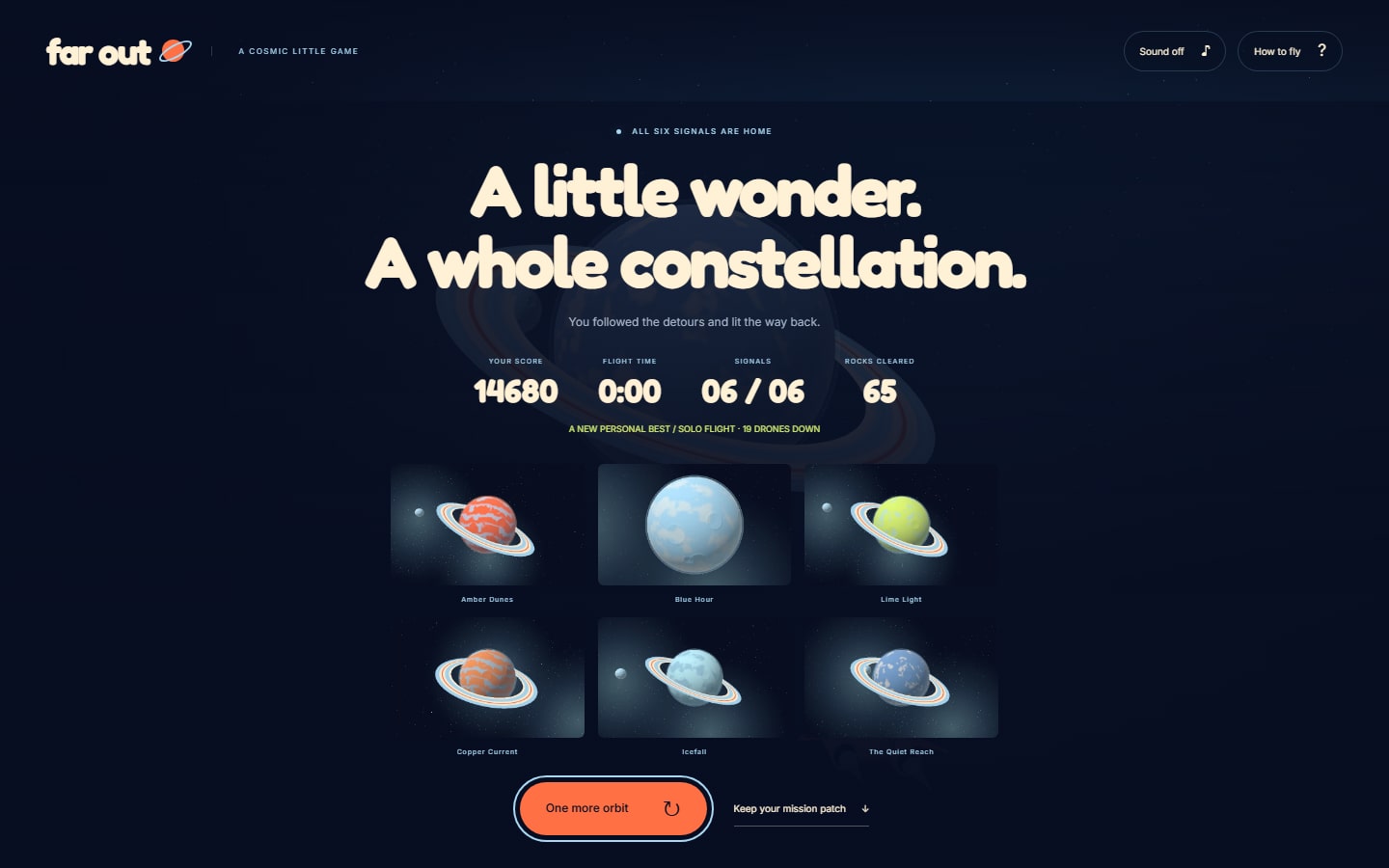 Far Out completed mission with six collected planet snapshots and the final flight score