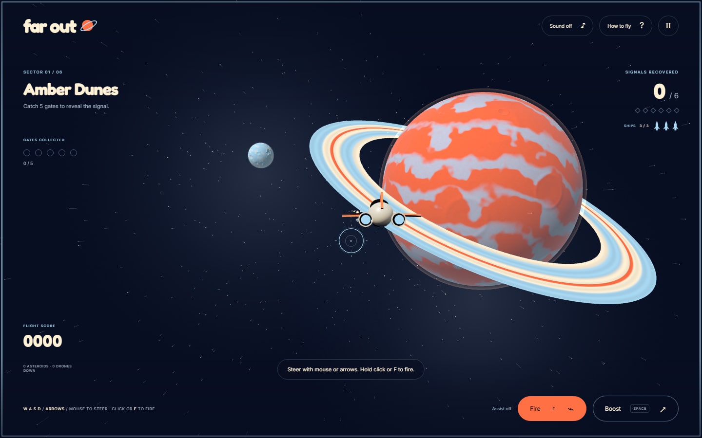 Far Out 3D browser game by ATA Creative, flying past a ringed planet with colorful lasers and a flight score