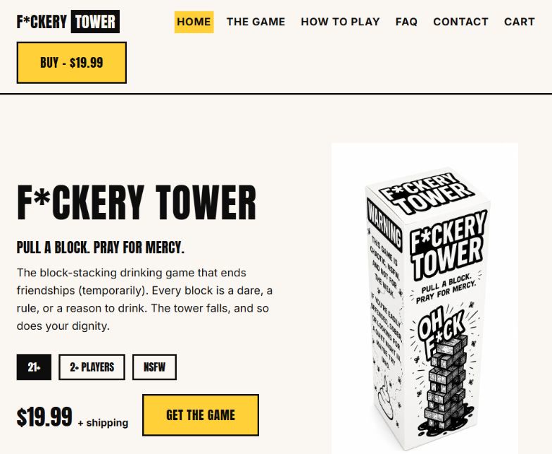 F*ckery Tower homepage created by Ashley Aucoin for Party Tower Games LLC