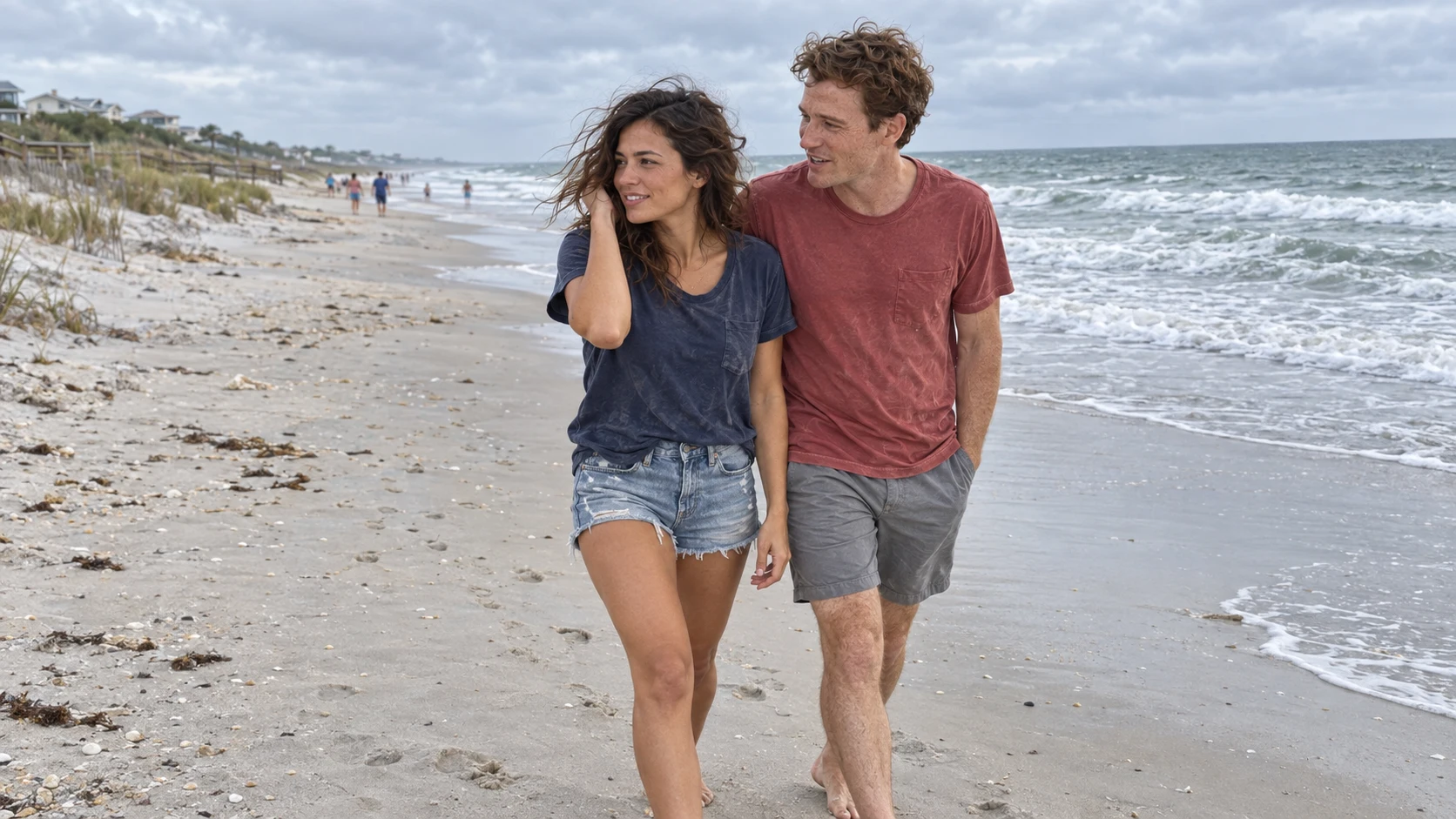 Maya and Oliver walking back from Atlantic Beach in everyday clothes