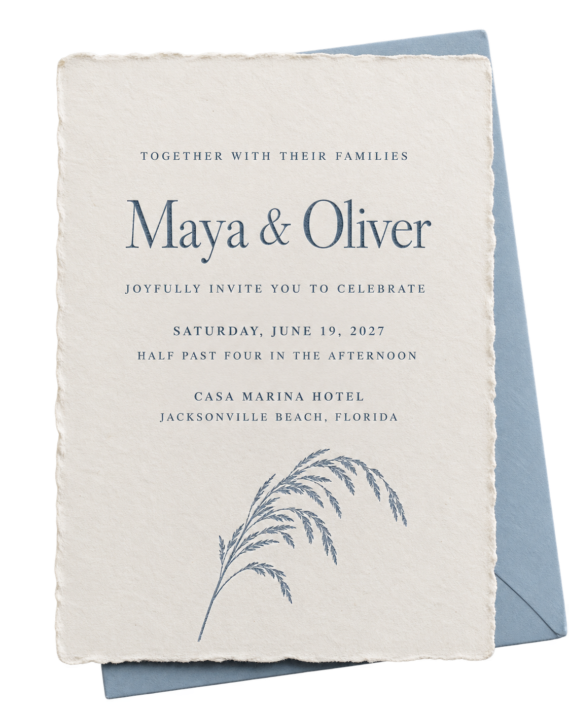 Cotton letterpress invitation for Maya and Oliver, Saturday June 19, 2027, half past four at Casa Marina Hotel in Jacksonville Beach