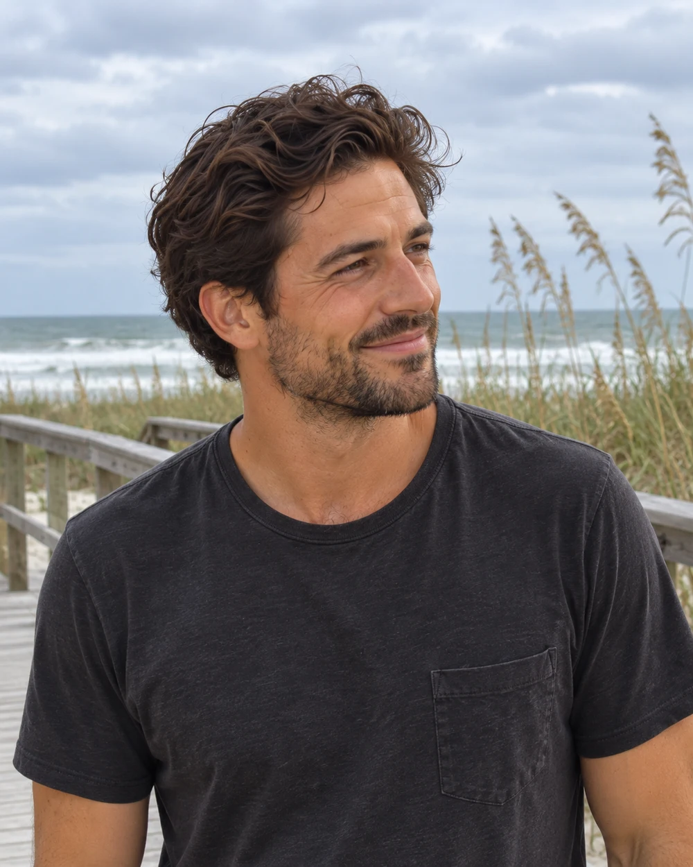 James in a faded black tee at a beach boardwalk