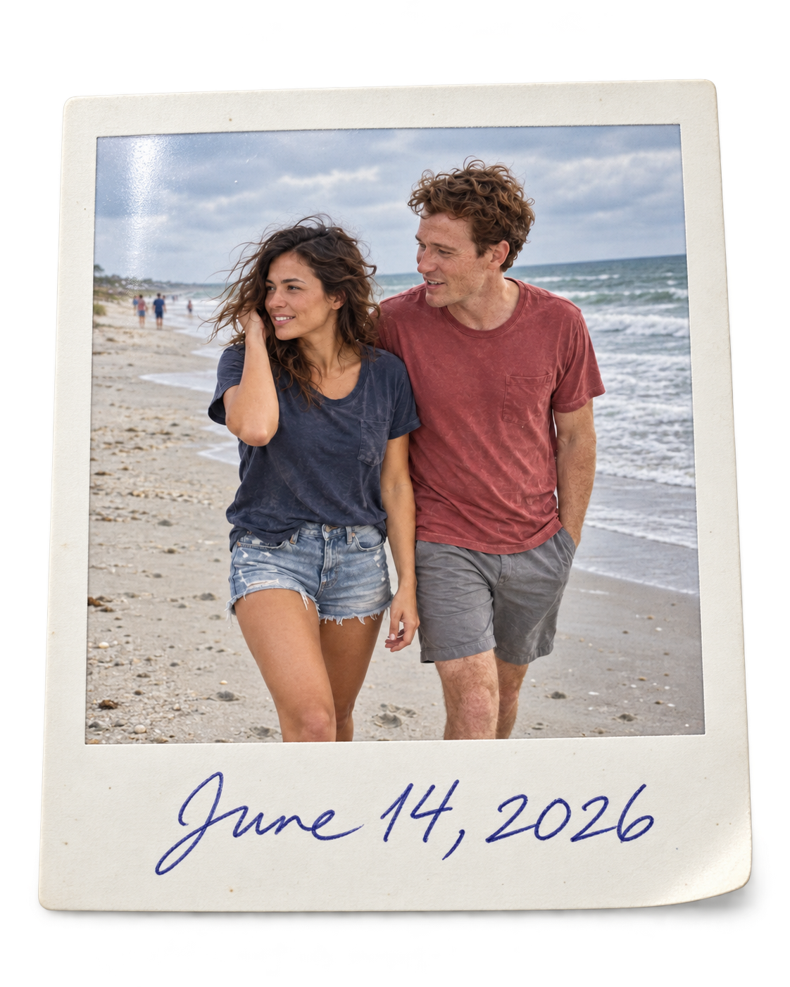 A physical instant-film print of Maya and Oliver on Atlantic Beach, with June 14, 2026 handwritten below